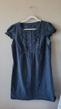 Gap Dark Blue Ruffled Bib Button-Front Cap Sleeve Cotton Dress